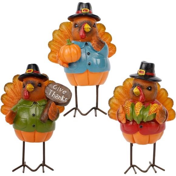 Holiday Thanksgiving Turkey Tabletop Centerpiece Decor Set Of 3 Resin